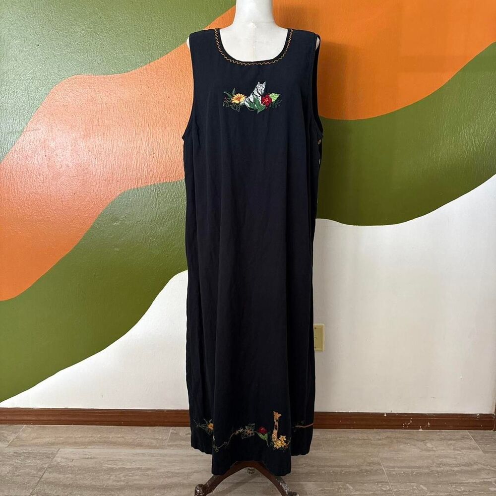90s Embroidered Safari Tiger Maxi Dress Black Sleeveless Whimsygoth Grunge 2X